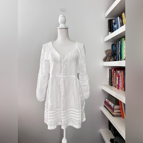 Haris Cotton Curve V Neck White 100% Linen Tunic Blouse made in Greece sz small - Picture 1 of 14